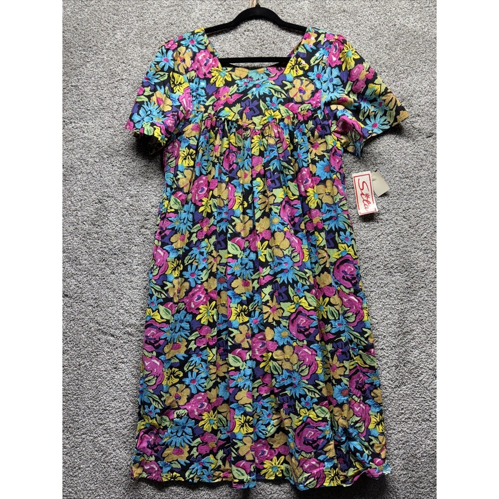 Sita Maxi Dress Womens SMALL Black Floral Rayon Beachy Boho Vintage 80s NEW NWT